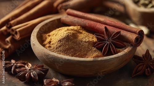 Fototapeta Naklejka Na Ścianę i Meble -  Close-up photo of spices displaying cinnamon sticks star anise and ground spice in a bowl, Generative ai