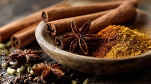 Fototapeta Naklejka Na Ścianę i Meble -  Close-up photo of spices displaying cinnamon sticks star anise and ground spice in a bowl, Generative ai