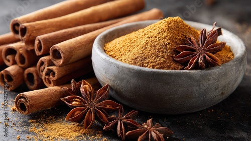 Fototapeta Naklejka Na Ścianę i Meble -  Close-up photo of spices displaying cinnamon sticks star anise and ground spice in a bowl, Generative ai