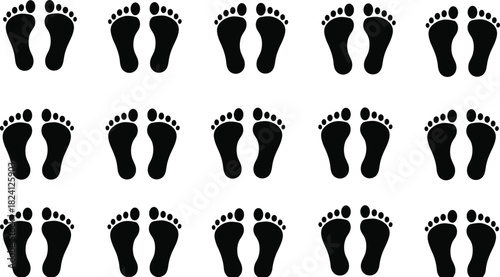 “Seamless repeating footprint silhouette pattern featuring minimal black foot icons, clean vector illustration design for backgrounds, branding, 