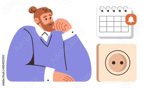 Man resting his head on his hand, pondering next steps. Nearby a calendar reminds of deadlines, an empty plug implies lack of energy or inspiration. Ideal for productivity, procrastination, time