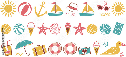 Cute Collection of Summer Beach Vacation Elements and Icons