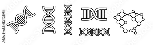 DNA Double Helix Icons Science & Genetics, Molecular Structure Line Art