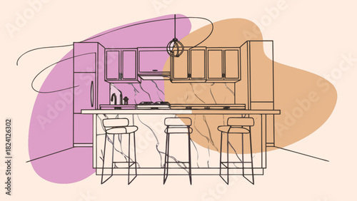Modern kitchen interior line art illustration with island, bar stools, cabinets, and appliances against an abstract warm background, minimalist home design concept.