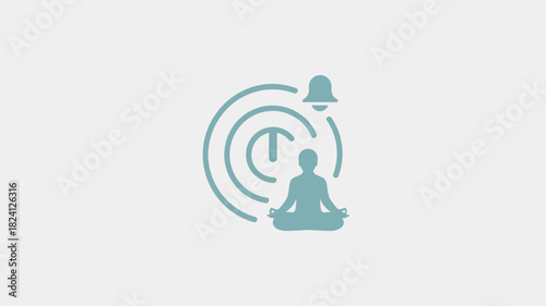 A light blue illustration of a person meditating with a bell and concentric circles around them