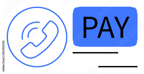 Phone receiver inside a circle with PAY text in bold on a blue rectangle and simple black lines. Ideal for finance, communication, payment methods, customer service, online transaction, mobile