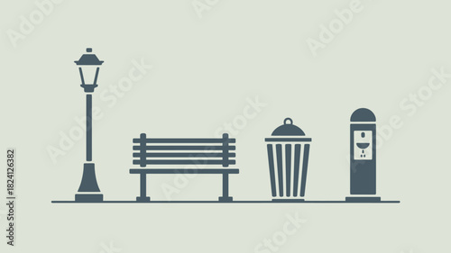 A simple illustration of a park scene with a lamp post, bench, trash can, and water fountain in gray