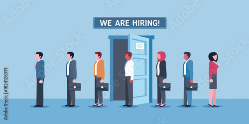 Diverse group of people waiting in line for job interviews