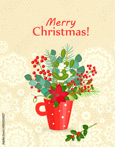 banner with a red cup of blooming christmas flowers. card with bouquet of new year blooms in a white and red polka mug. holiday flora on vintage background
