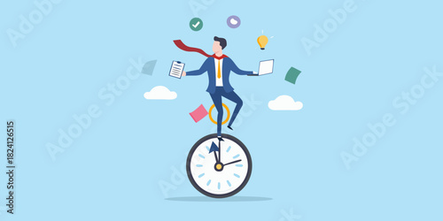 Businessman balancing on a clock with tasks and ideas