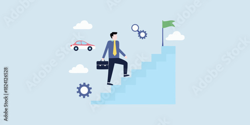 Businessman climbing stairs towards success and goal