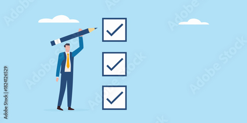 Businessman completing a checklist with a pencil