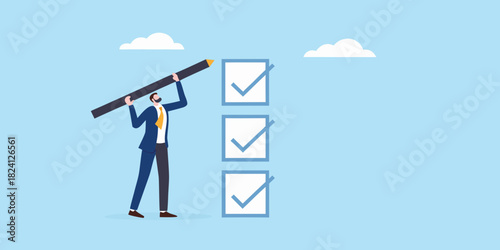 Man completing checklist with giant pencil