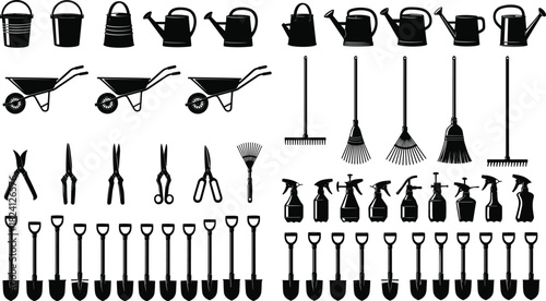 Black and white gardening tools set, silhouettes of garden equipment, collection of agricultural instruments, shovel, rake, bucket, watering can, wheelbarrow, and shears vector."