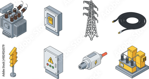 Isometric Vector Icon Set of Electrical Power and Energy Components, Featuring High Voltage Transformer, Pylon Tower, Cable, Switch Boxes, Plug Connector, and Lightning Symbol