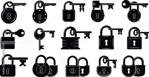 Black Padlock and Key Silhouettes Vector Set - Digital Security, Vintage Locksmith, Data Access, and Privacy Protection Icons