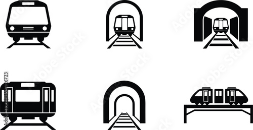 Black Vector Icon Set of Trains, Subways, and Rail Transportation Systems, Featuring Tunnel Entrances, Metro Cars, and Elevated Transit Stations for Public Commuting