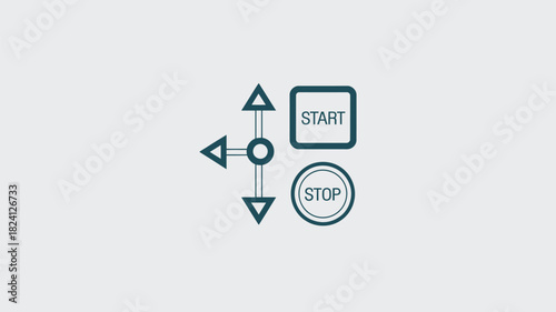 A simple graphic with a start button stop button and arrow controls on a light gray background color