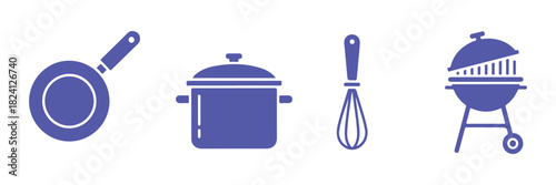 Set of cooking glyph icons. Vector illustrations of kitchen utensils and food preparation items. Includes symbols like frying pan, pot, whisk, grater, ladle, and barbecue.
