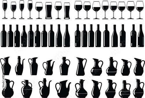 Black silhouette vector collection of wine glasses, bottles, and pitchers for bar, restaurant, kitchen, drinkware, alcohol, and beverage design illustration