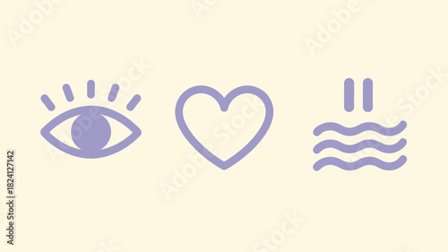 A simple illustration of an eye, a heart, and waves on a cream colored background in pastel purple
