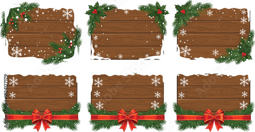 Set of Six Rustic Wooden Christmas Sign Board Vectors with Pine Branches, Holly Berries, Red Ribbon Bows, and Snowflakes, Ideal for Holiday Greetings and Seasonal Design