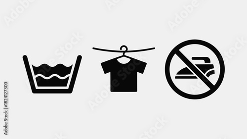 Three laundry symbols depicting washing in a basin drying on a hanger and do not iron instruction