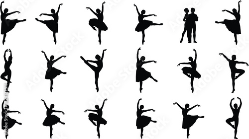 Collection of Black Silhouette Ballet Dancers Vector Set - Elegant Ballerina Poses and Couple Dancing Icons for Performance Art