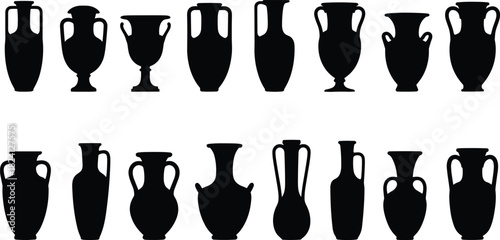 WebCollection of Black Silhouette Ancient Vases and Amphorae Vector Icons - Greek Pottery, Urns, and Historical Ceramic Vessel Shapes