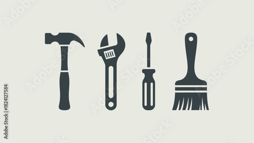 Illustration of a hammer, wrench, screwdriver, and paintbrush arranged in a row on a light background