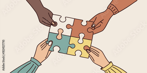 Diverse team building collaboration by connecting puzzle pieces, symbolizing partnership, unity, cooperation, and problem-solving, originally vector graphics