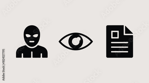A black icon of a burglar next to an eye icon and a document icon on a light gray background color