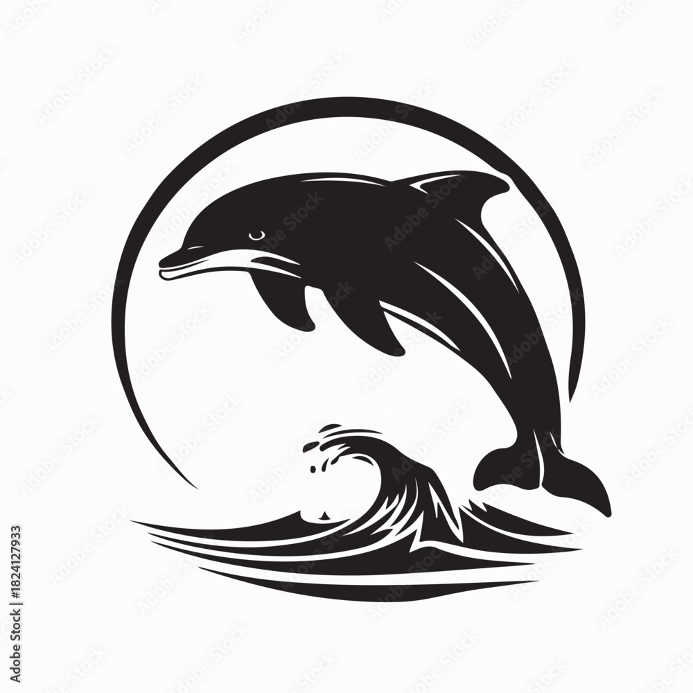Obraz premium Jumping Dolphin Silhouette Splashing Water on White Background