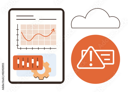Data chart with rising trend line, adjustment controls, gear, alert icon in front of cloud silhouette. Ideal for analytics, technology, warning systems, cloud computing, business strategy process