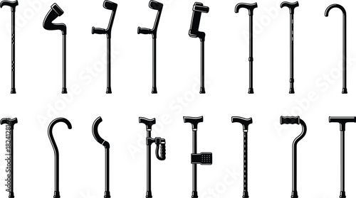 Crutches and walking sticks vector silhouette set. Collection of mobility aids, medical support equipment, canes, and elderly assistance icons.