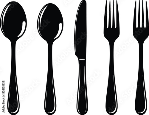 Cutlery silhouette vector set. Collection of spoon, knife, and fork icons for restaurant, dinner, kitchen, serving, and food equipment.