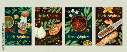 Vertical herb and spice cards set with flourishes and leaves flat cartoon