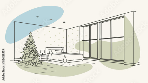 Cozy christmas bedroom interior with a festive fir tree, comfortable bed, bedside table, elegant lamp, and large windows, evoking a warm holiday season home atmosphere illustration art.