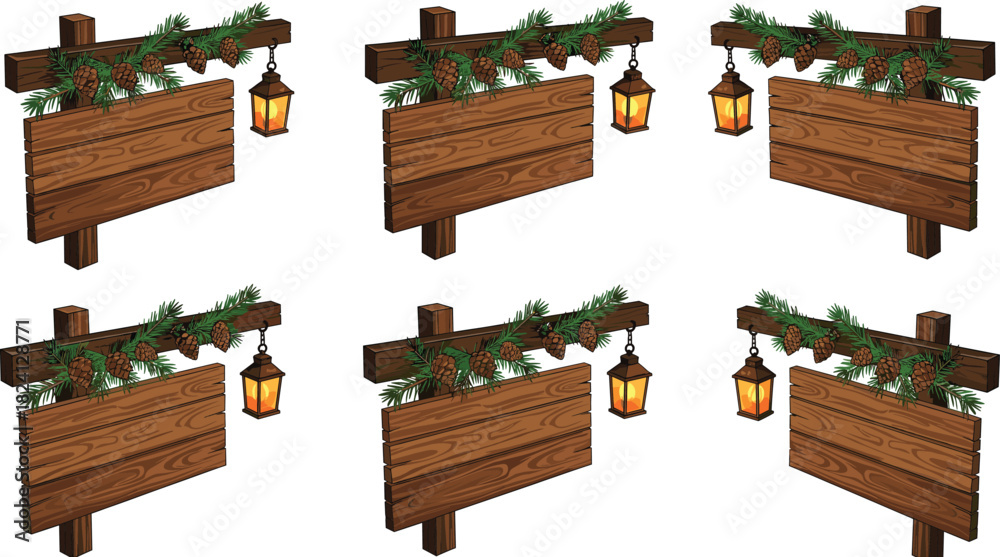Fototapeta premium Rustic Wooden Sign Post Vector Decorated with Pine Branches, Cones, and a Lit Lantern, Ideal for Christmas Greetings, Winter Holidays, Seasonal Messages, and Menu Boards