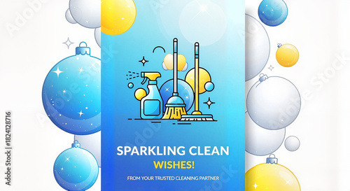 Cleaning supplies and tools illustrated with festive decorations  
