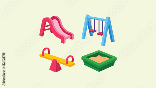 An illustration of a playground with a slide, swings, seesaw, and sandbox on a light background