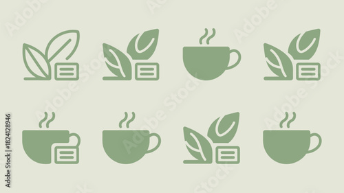 A repeating pattern of green tea cup and leaves icons on a light green background in a simple style