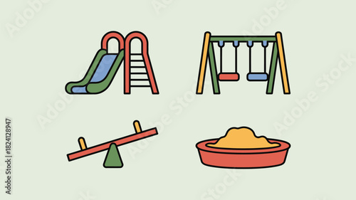 Illustration of a playground with a slide swings seesaw and sandbox on a light background surface view