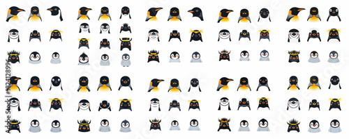 Cute vector penguin avatars collection. Diverse species heads including Emperor, Macaroni, and chicks, for mascot, logo, or icon design.