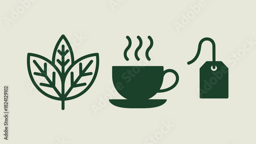 A simple illustration of a tea leaf, a steaming cup, and a tea bag on a light background color