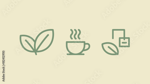 A minimalist illustration showing tea leaves a steaming cup and a tea bag on a light background