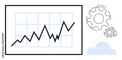 Increasing line graph indicating data growth gears symbolizing workflow, process optimization and cloud icon hinting at technology. Ideal for analytics, progress, efficiency, automation, innovation