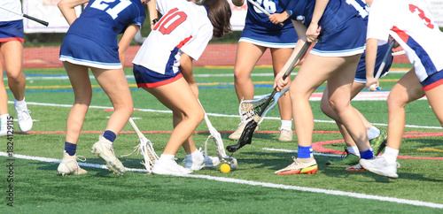 Intense Lacrosse Match With Players Competing for the Ball