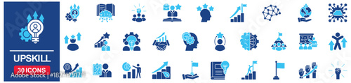 Upskill Web Icon Set in Blue style Flat. vector illustration concept relate to learn, career, skill, training, assessment, set, employee, innovation, digital, monitoring