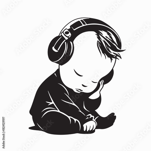 Baby enjoying music with headphones vector illustration on white background